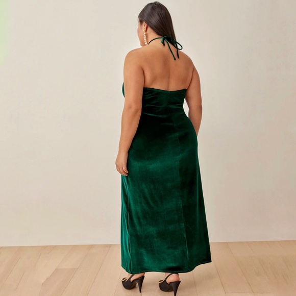REFORMATION Green Velvet Front Slit Halter Plus Size Formal Prom Dress - Picture 6 of 12